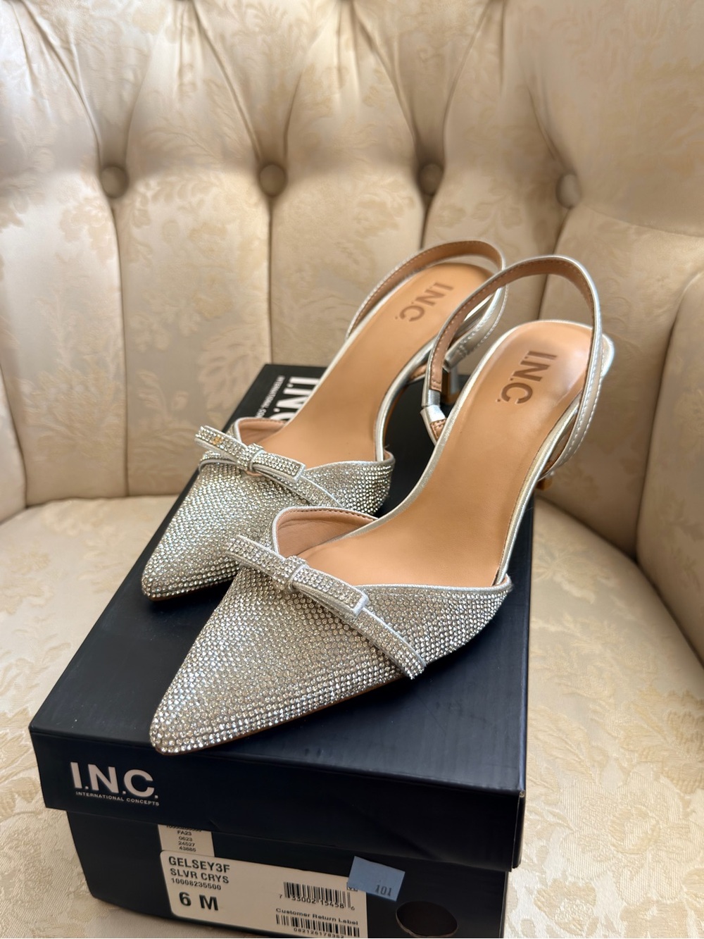 INC International Concepts Silver Crystal Pointed-Toe Slingback Pumps with Bow